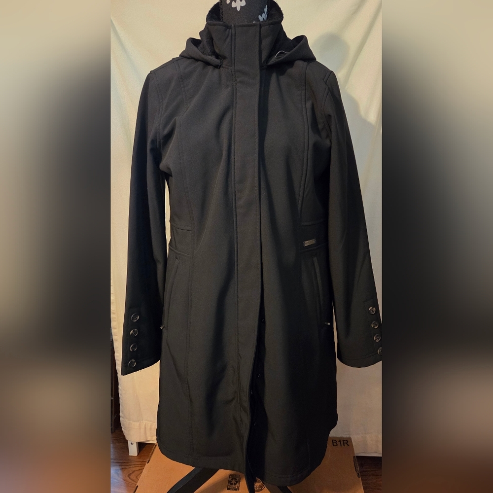 Merrell Soft Shell Fleece Lined Hooded Trench Coat Black XL Aeroblock EUC